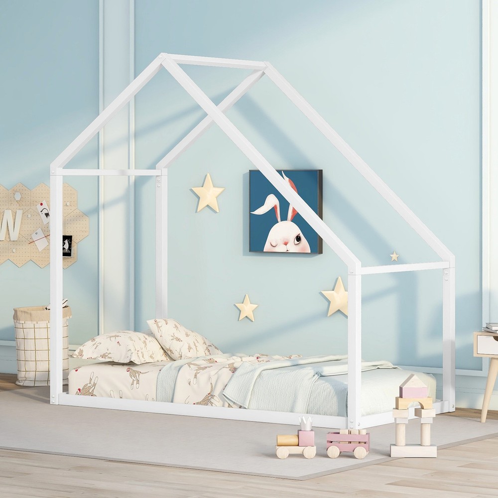 Twin Size White Metal House Bed Frame for Kids