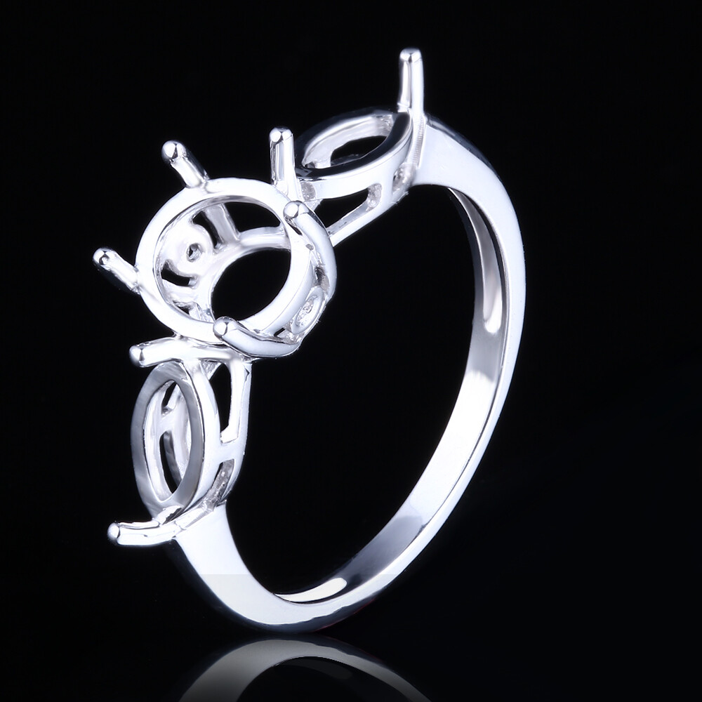 Sterling Silver Three Stone 7x4mm Marquise Cut Semi Mount Wedding Ring