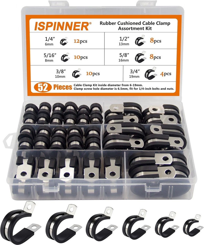 ISPINNER 52pcs Cable Clamps Assortment Kit, 304 Stainless Steel Rubber Cushion P