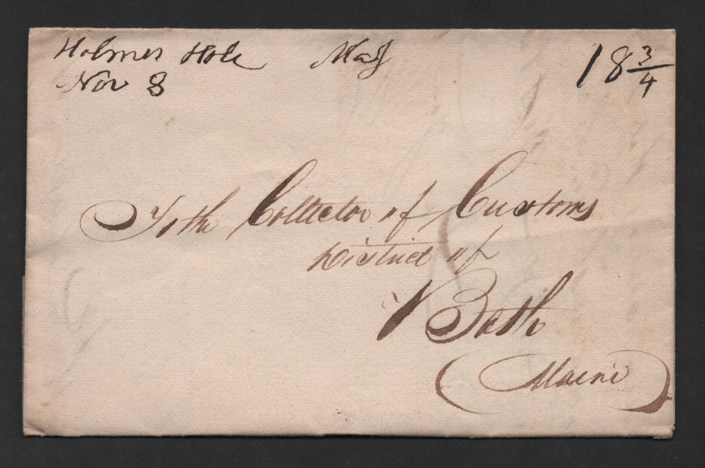 US 1834 HOLMES HOLE MA MANUSCRIPT STAMPLESS FOLDED COVER TO BATH MAINE