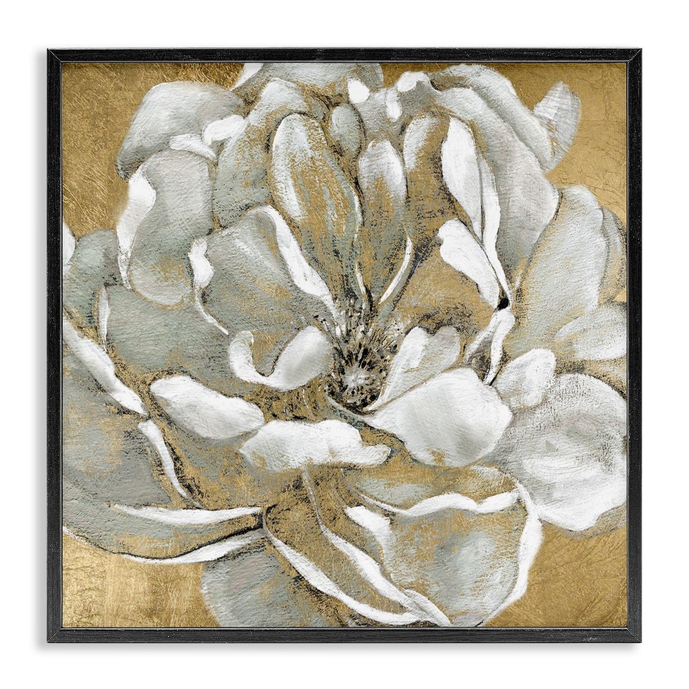 Blushing White Magnolia Floral Art Print in Gold Black Frame