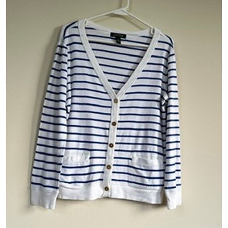 Lauren Ralph Lauren V-Neck Cardigan Sweater Button Front White Blue Stripe LARGE