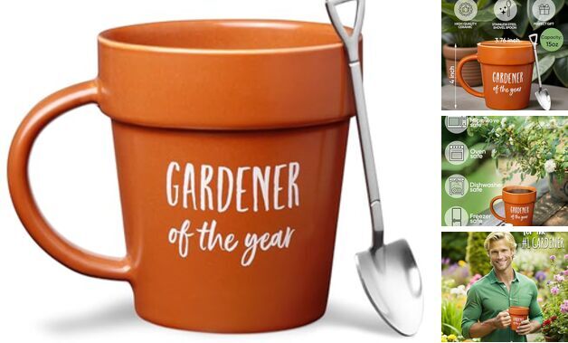 Coffee Mug Gift - Funny Plant Pot Mug with Shovel Spoon - Cool Coffee Gardener