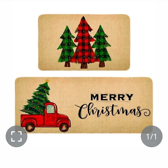 Festive Christmas Trees and Truck Tan Kitchen Mat Set-image
