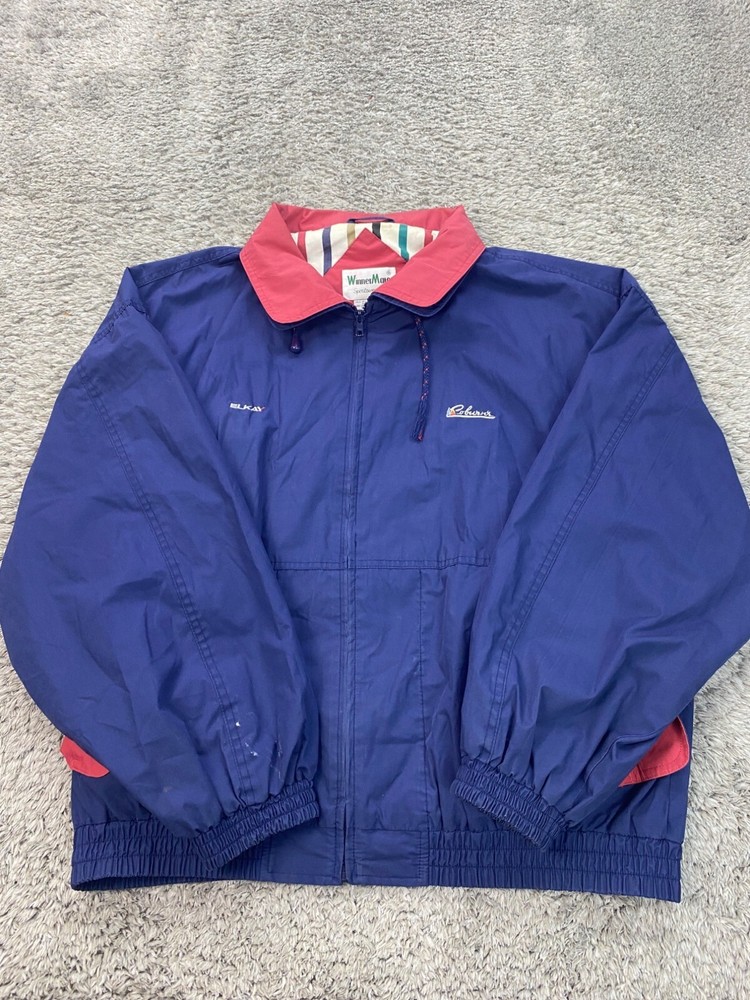 Vtg Winner Mate Jacket Mens 2XL Blue Hidden Hood Windbreaker Bomber Coat 90s Y2K