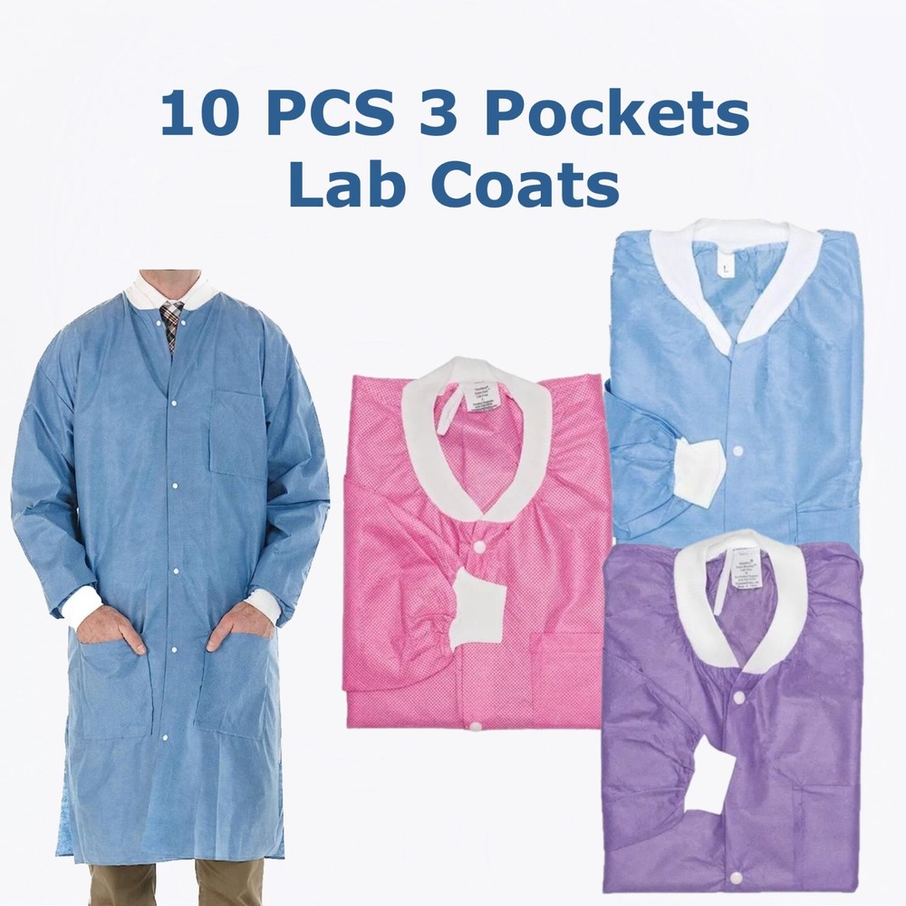 10-Pack Disposable Medical Dental Lab Coats with Pockets - Blue, Sizes S-XL