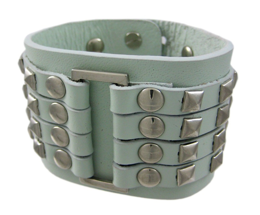 Zeckos Gray Leather Wristband with 4-Row Chrome Pyramid Studs