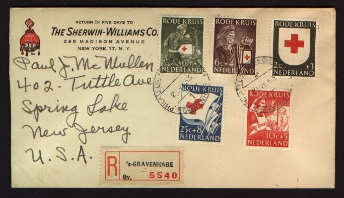 NETHERLANDS #B254-B258 FDC to USA