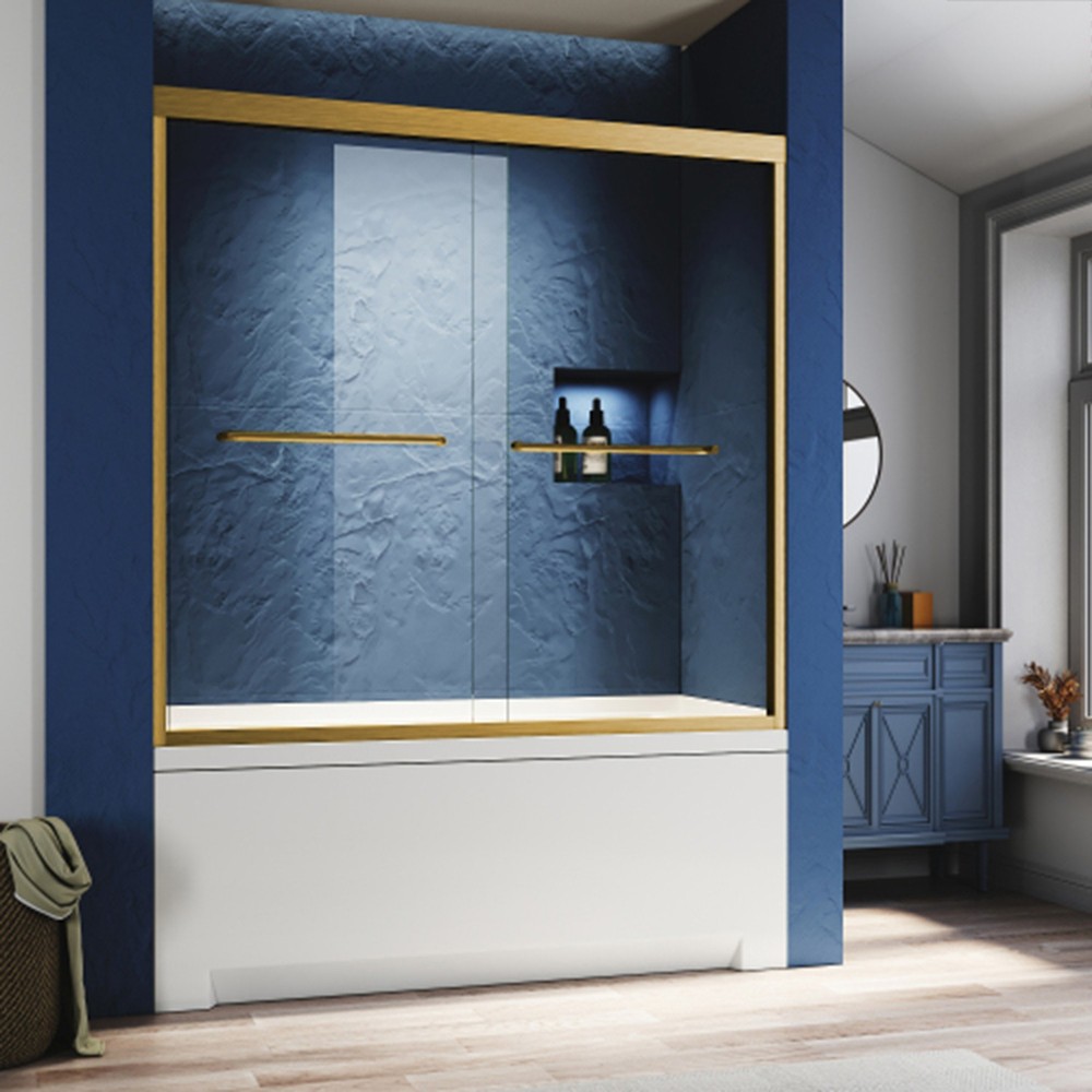 60x62 Brushed Gold Sliding Shower Door with Tempered Glass