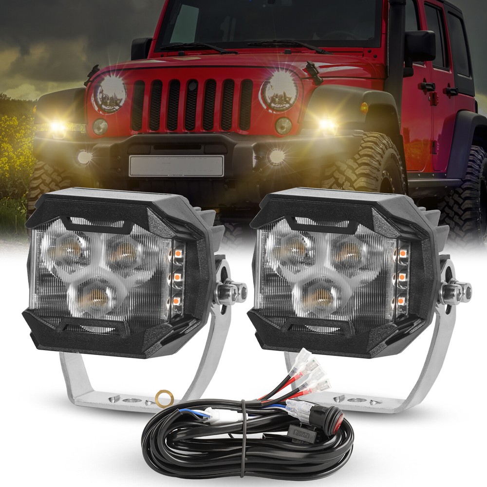 2x 3'' LED Work Light Bar Pods Amber Fog Driving Side Shooter Offroad SUV ATV