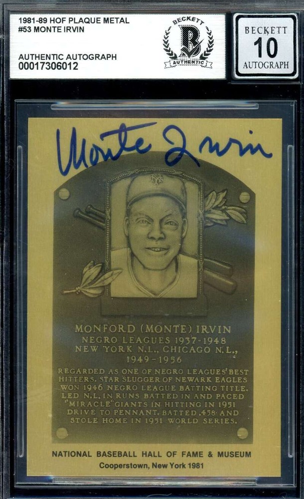Monte Irvin 1981 HOF Gem Mint 10 Beckett BAS Signed Metallic Plaque