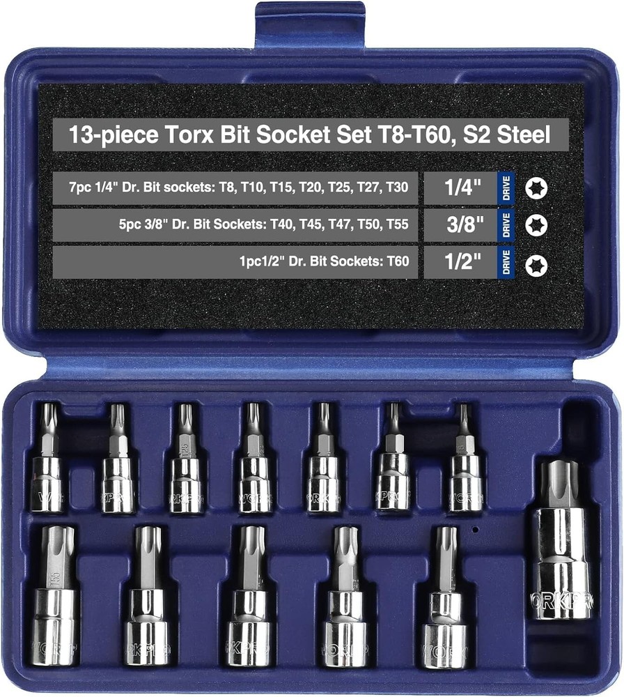 13-Piece Torx Bit Socket Set 1/4” 3/8” and 1/2” Drive T8-T60 Star Socke...