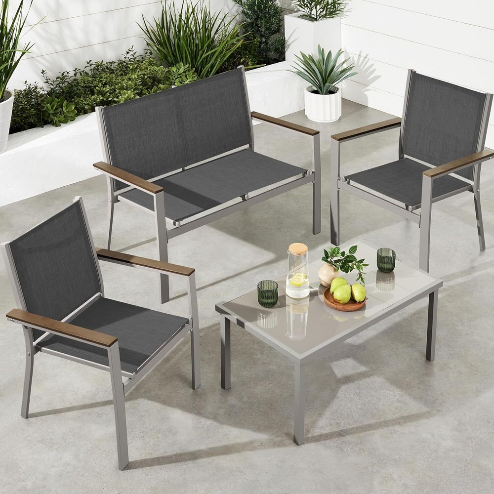 4-Piece Outdoor Textilene Patio Conversation Set, Backyard Furniture w/Loveseat