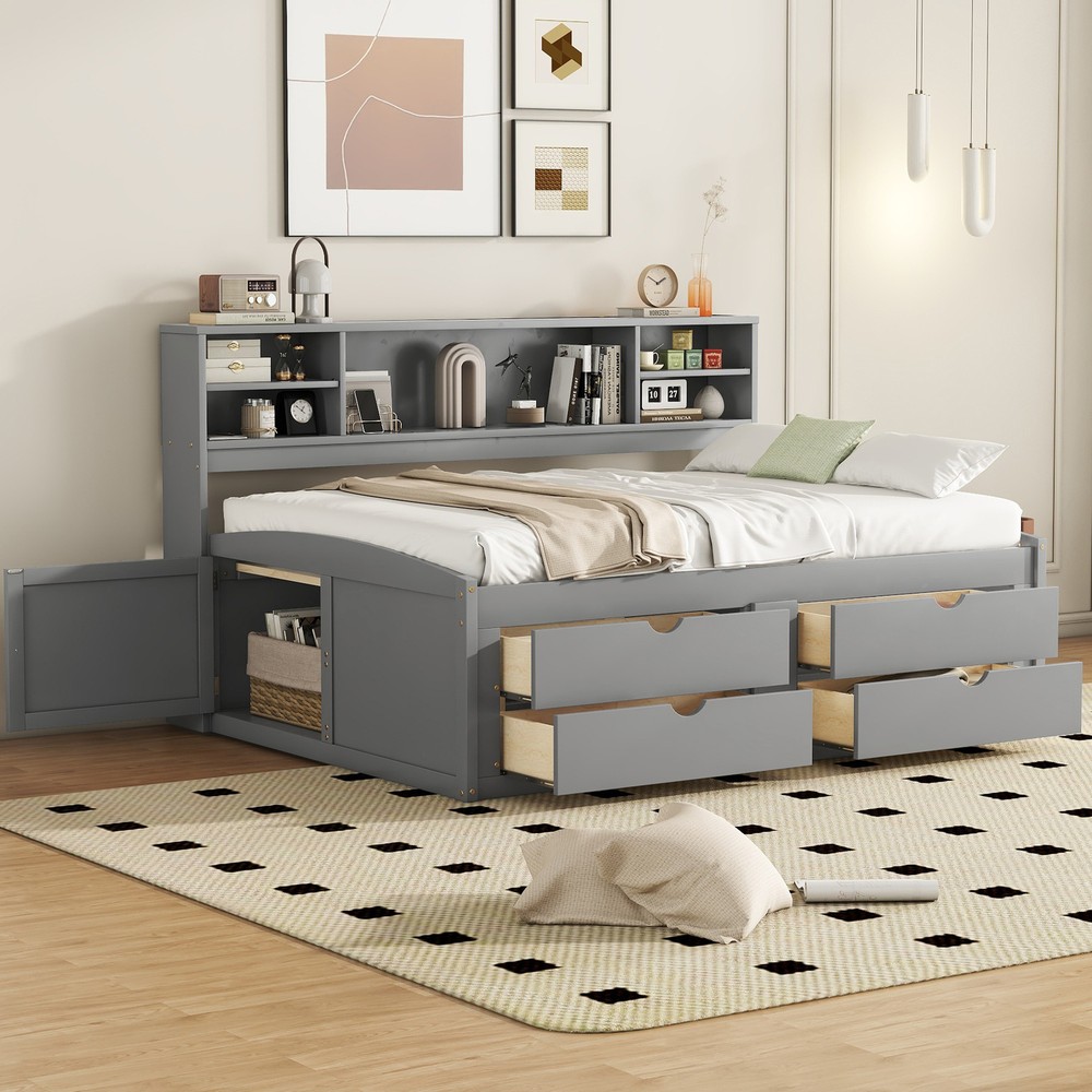 Full Size Wooden Daybed with Slatted Frame 2 Side Cabinets 4 Drawers in Gray-image