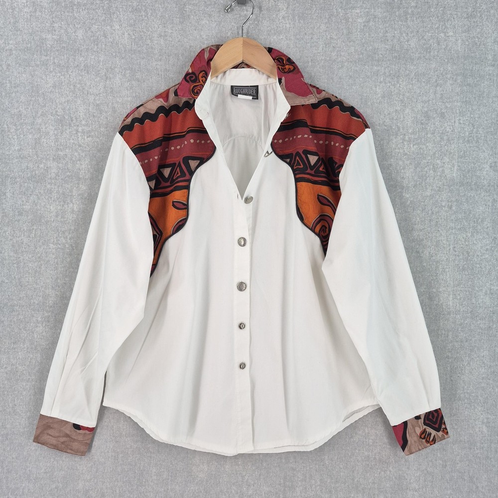 Vtg 90s Rough Rider Western Shirt Women L White Multi Southwestern Button USA