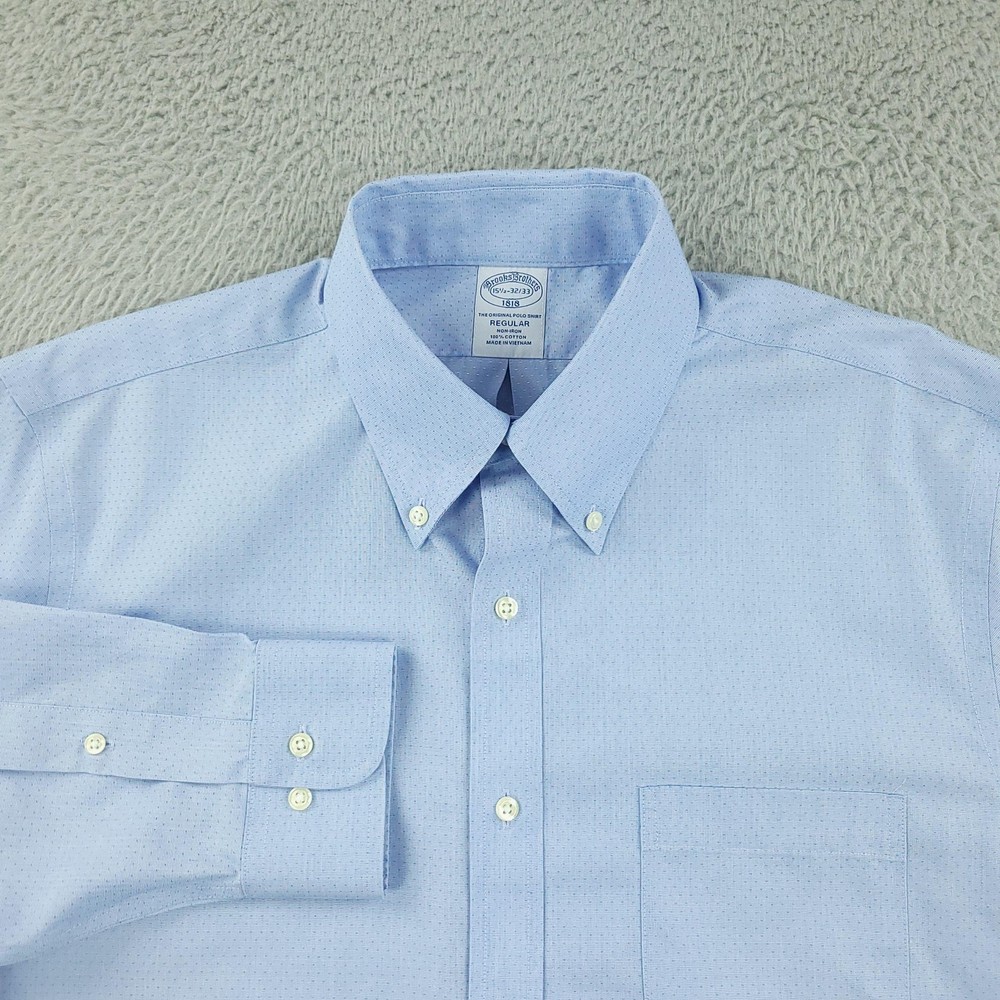 Brooks Brothers Dress Shirt Mens 15.5 Regular Blue Geometric Non Iron Cotton