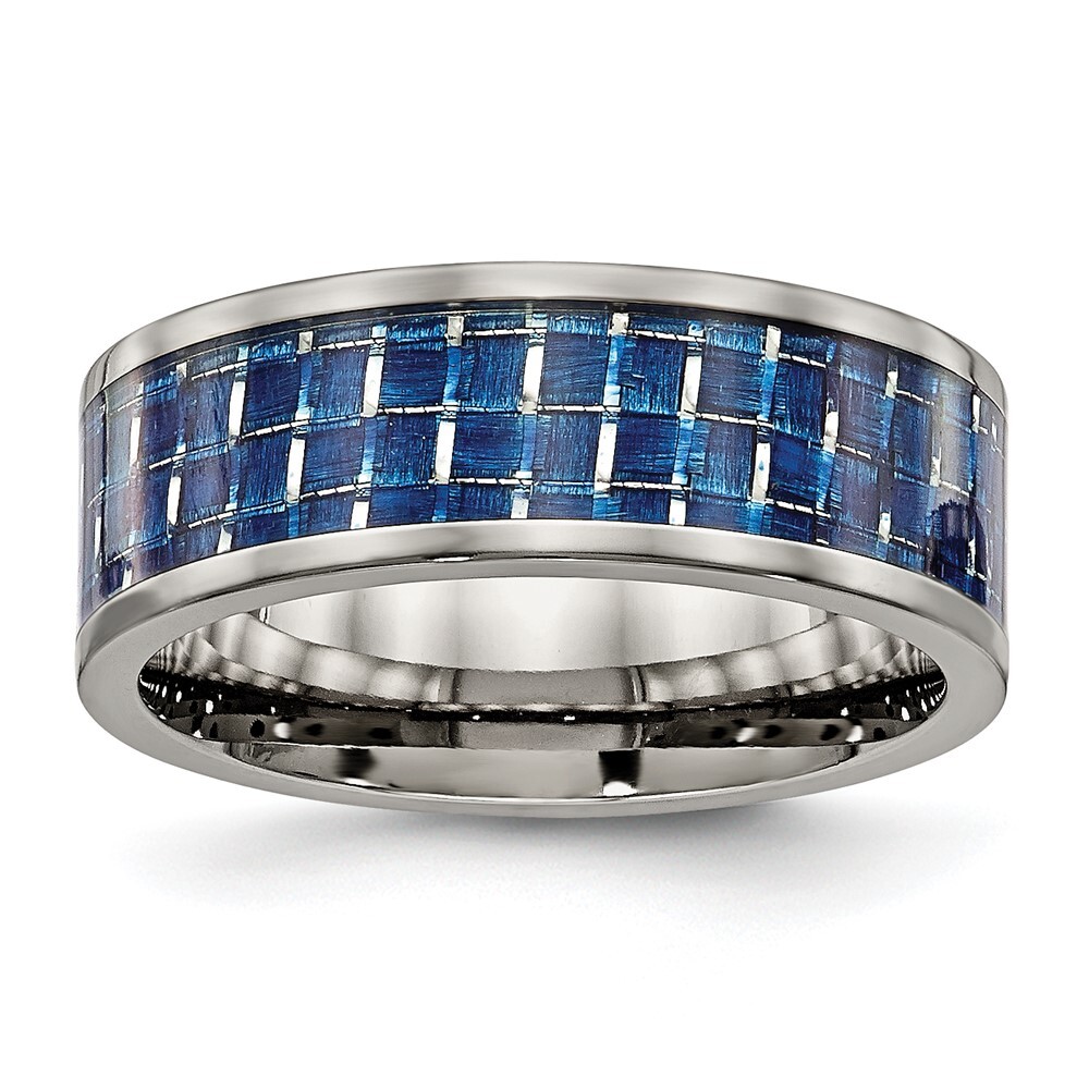 Titanium Polished with Blue Carbon Fiber Inlay 8mm Flat Band Ring Size 8