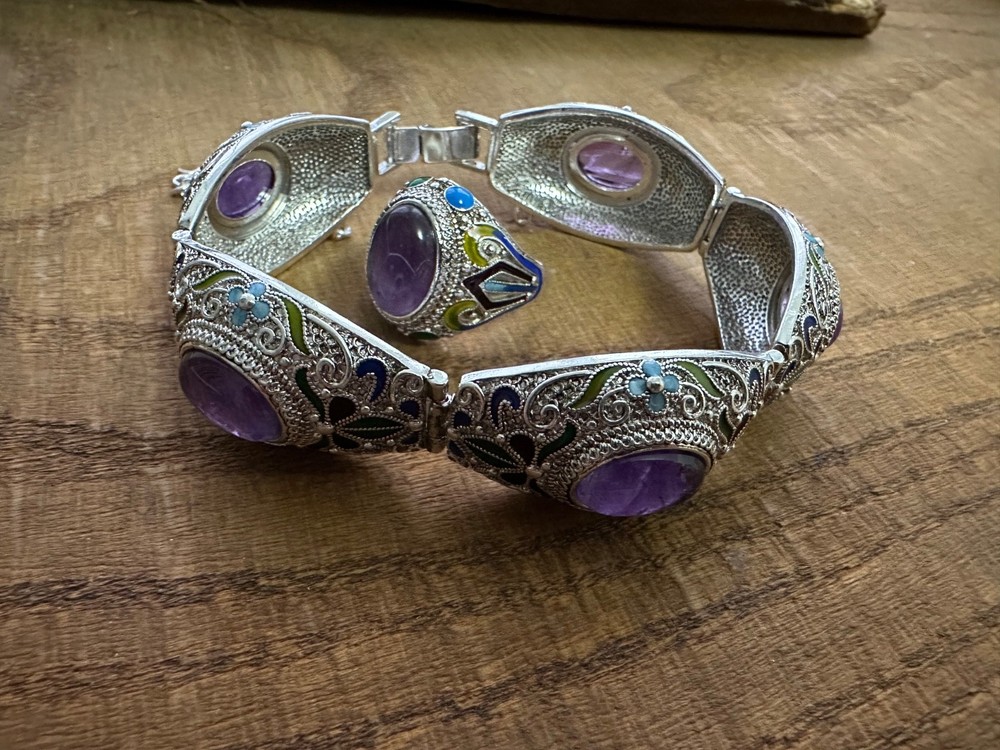 Antique Style Set Chinese Export Women's Amethyst Panel Bracelet 8