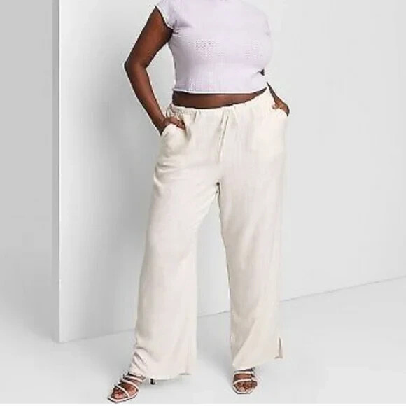 Women's Mid-Rise Wide Leg Relaxed Linen Pants Wild Fable Off-White XXL