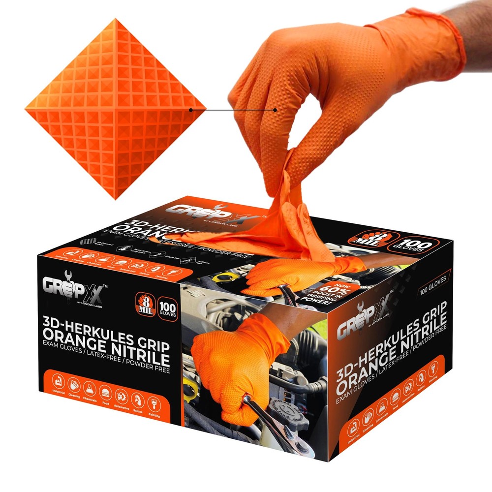 Herkules Grip 8Mil Orange Nitrile Gloves with 3D Diamond Texture – Heavy Duty