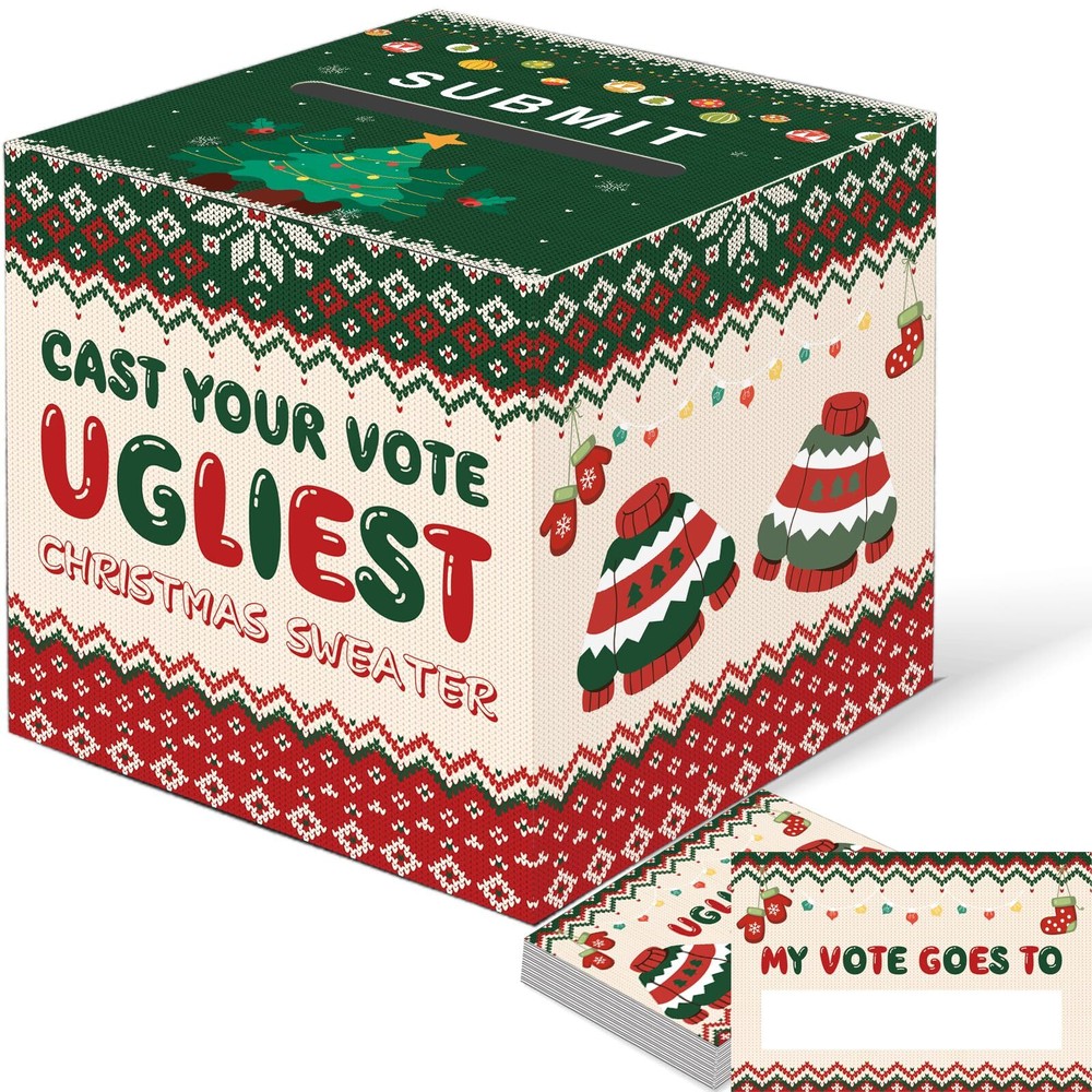Christmas Ugly Sweater Contest Ballot Card Box, Voting Cards Box Set with 50 ...