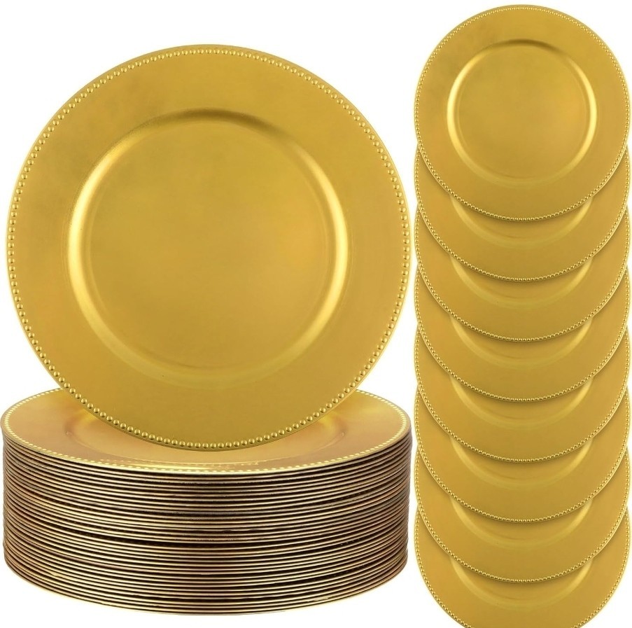 Set Of Gold Charger Plates with Beaded Rims 13 in Set Of 12 New Open Box