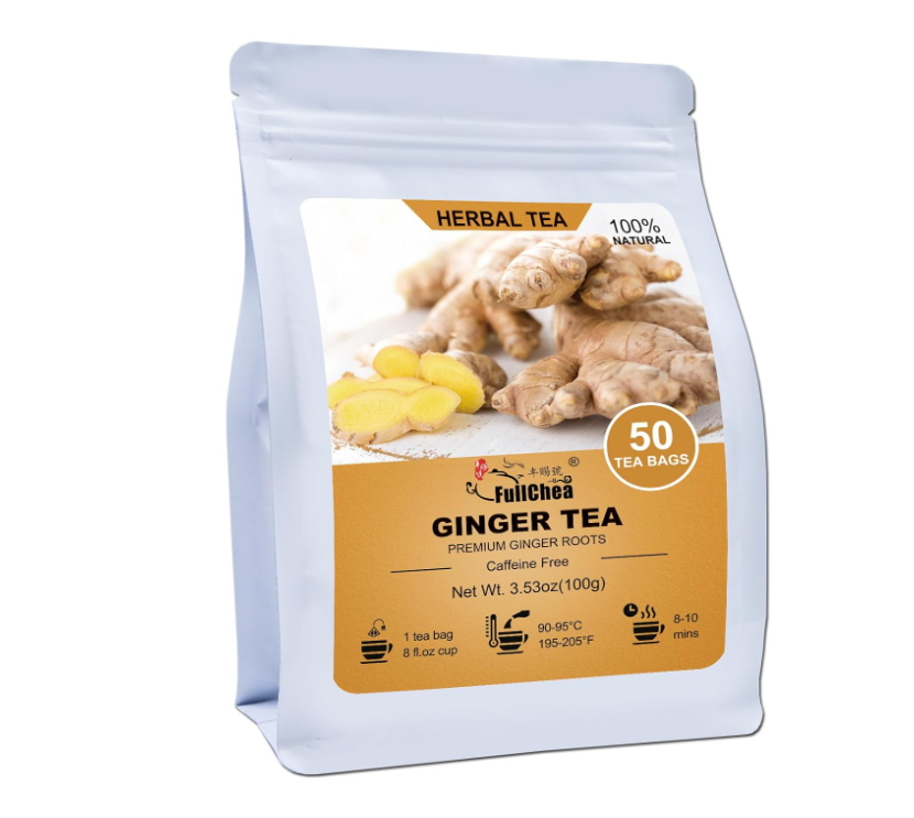 FullChea Premium Ginger Root Tea Bags, 50 Teabags at 2g Each for Wellness
