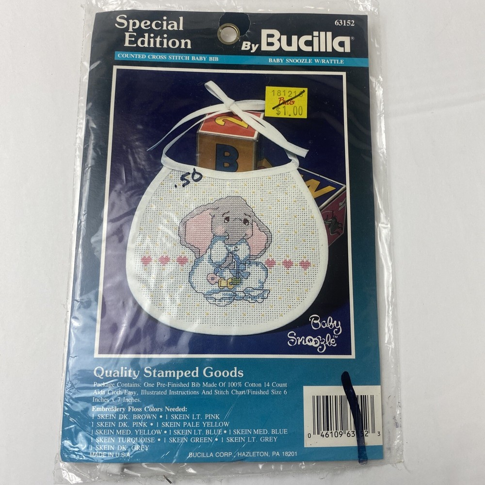 BUCILLA Special Edition Elephant Baby Bib Cross Stitch Kit 63152 New