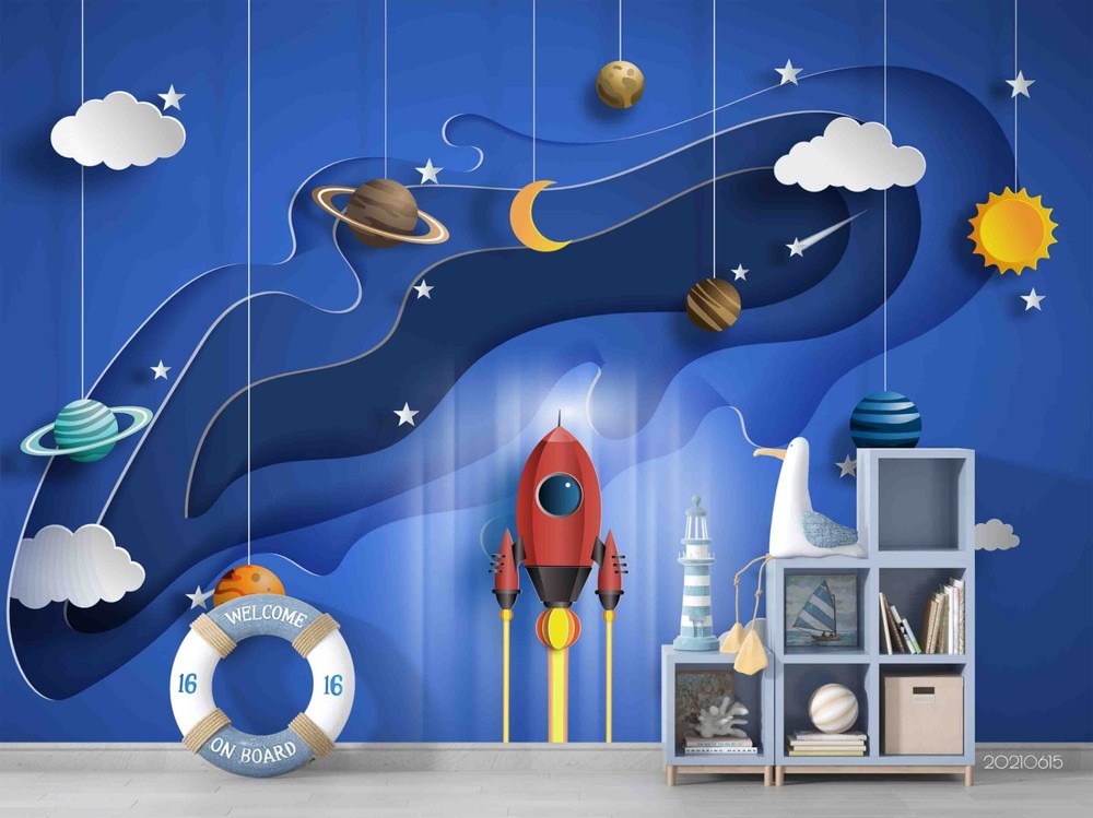 3D Cut Paper Space Rocket Planet Wall Murals Wallpaper Murals Wall Sticker 2