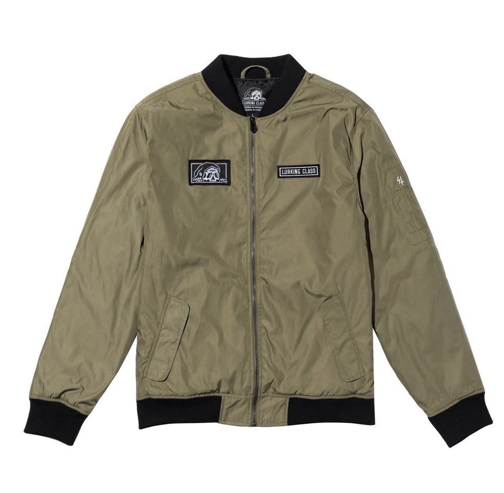 Lurking Class Olive Men's Bomber Jacket with Skull Patch & Zipper Accents