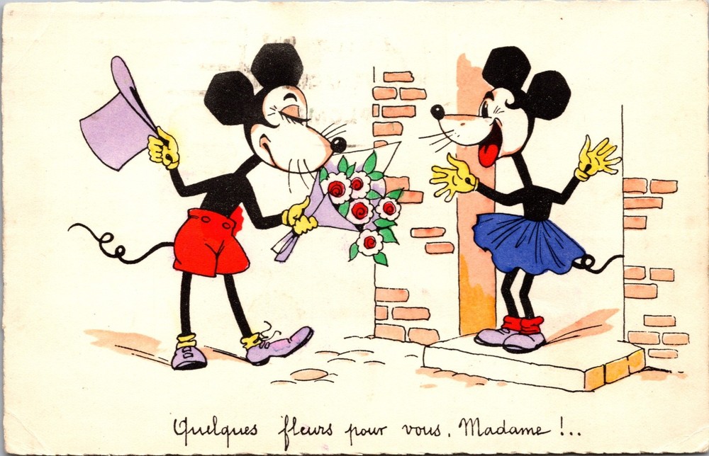 1930s Disney Postcard Mickey Mouse Likeness Flowers French M.D. Paris