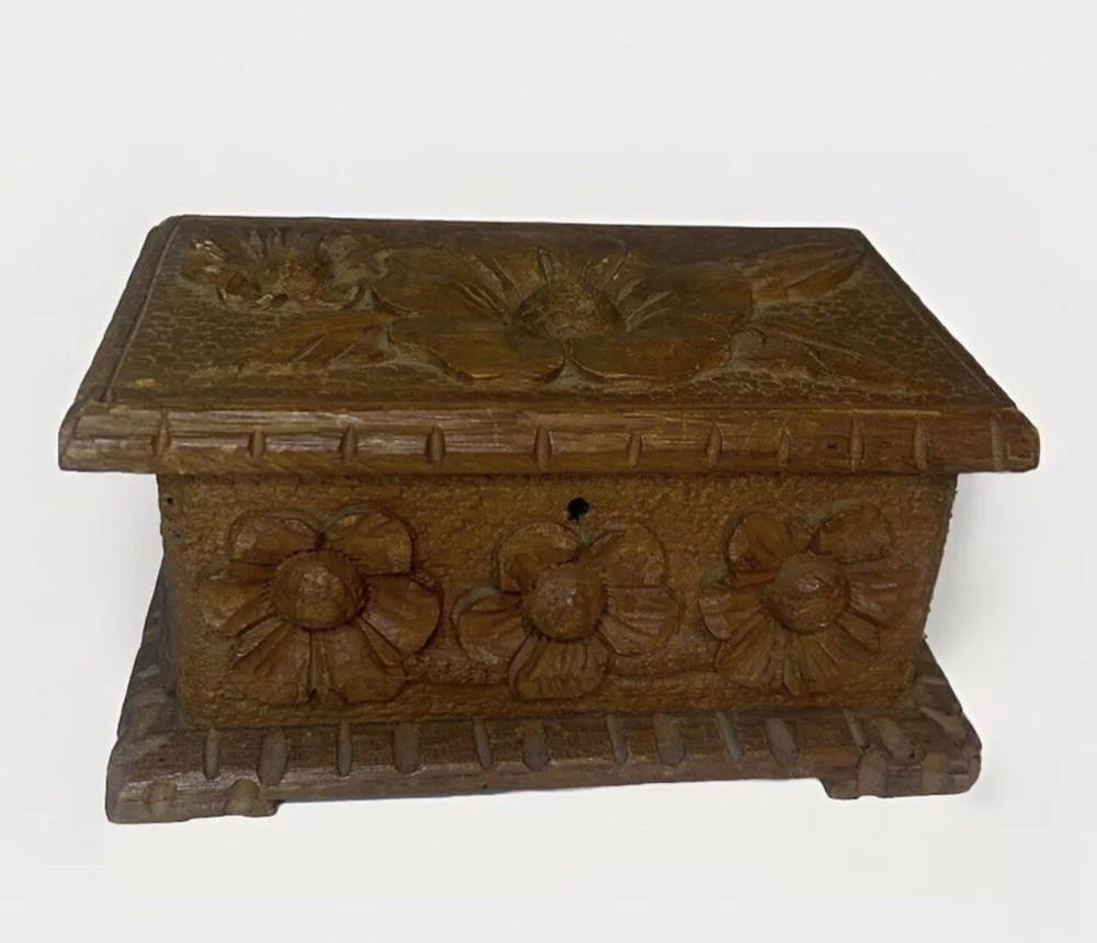 Vtg Hand Carved Wood Jewelry Box Keepsake Chest Hinged Hidden Key Mexico Open