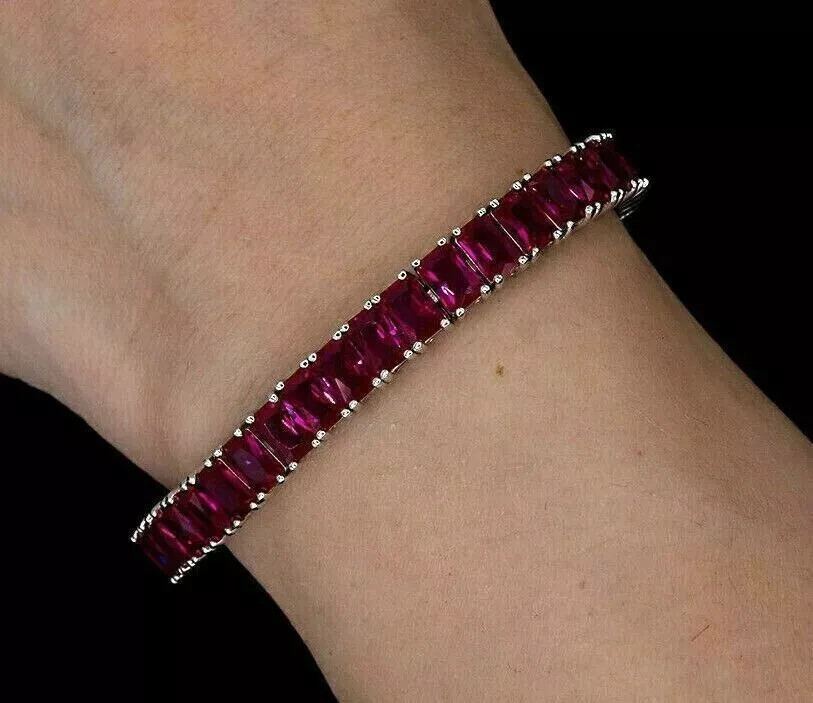 8Ct Emerald Cut Lab-Created Ruby Tennis Bracelet 14K White Gold Plated 7.5 