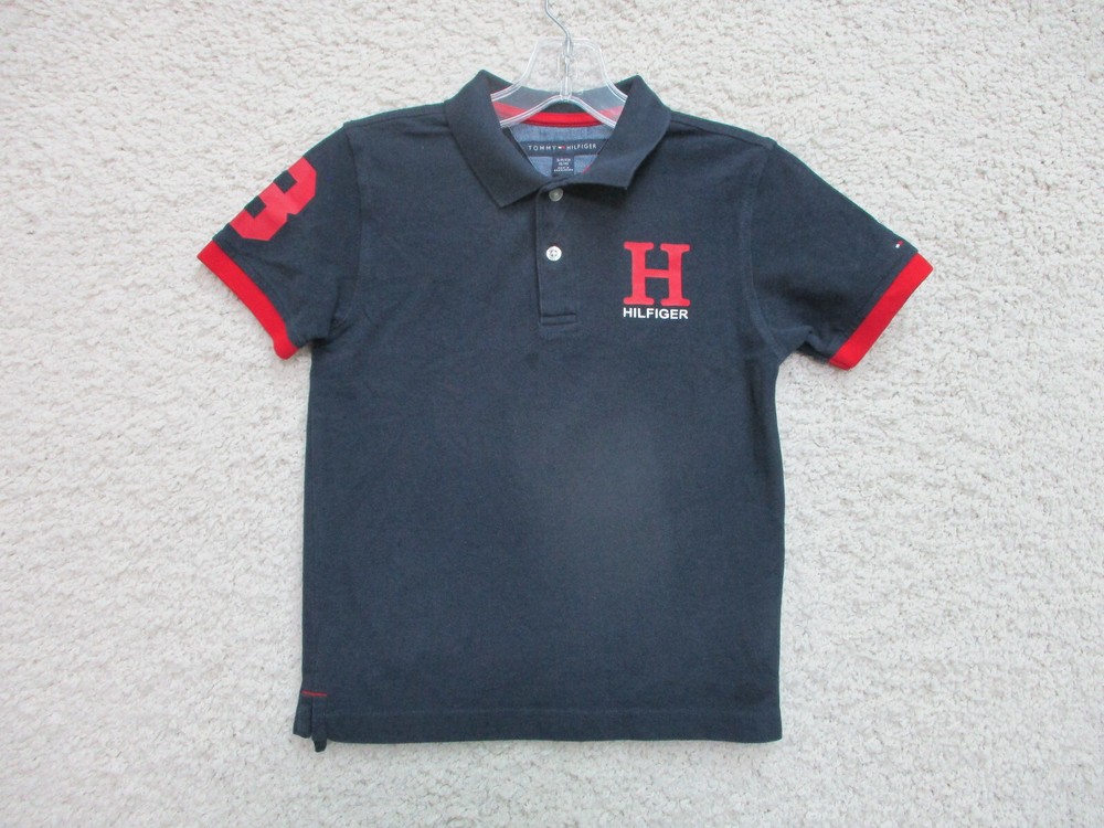 Tommy Hilfiger Polo Shirt Small Youth 8-10 Navy Blue Big Logo Casual Modern Boys