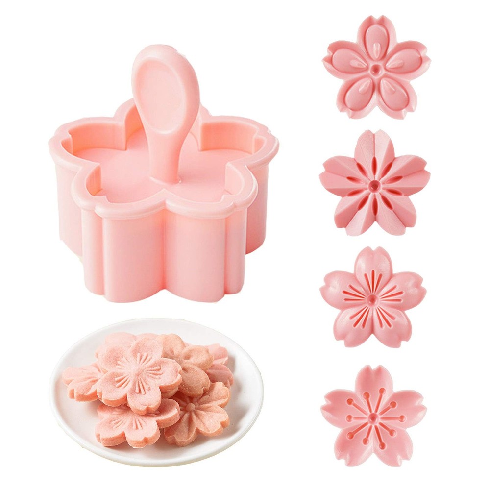 4-Piece Cherry Blossom Cookie Press Set with Floral Stamps and Flow Mold