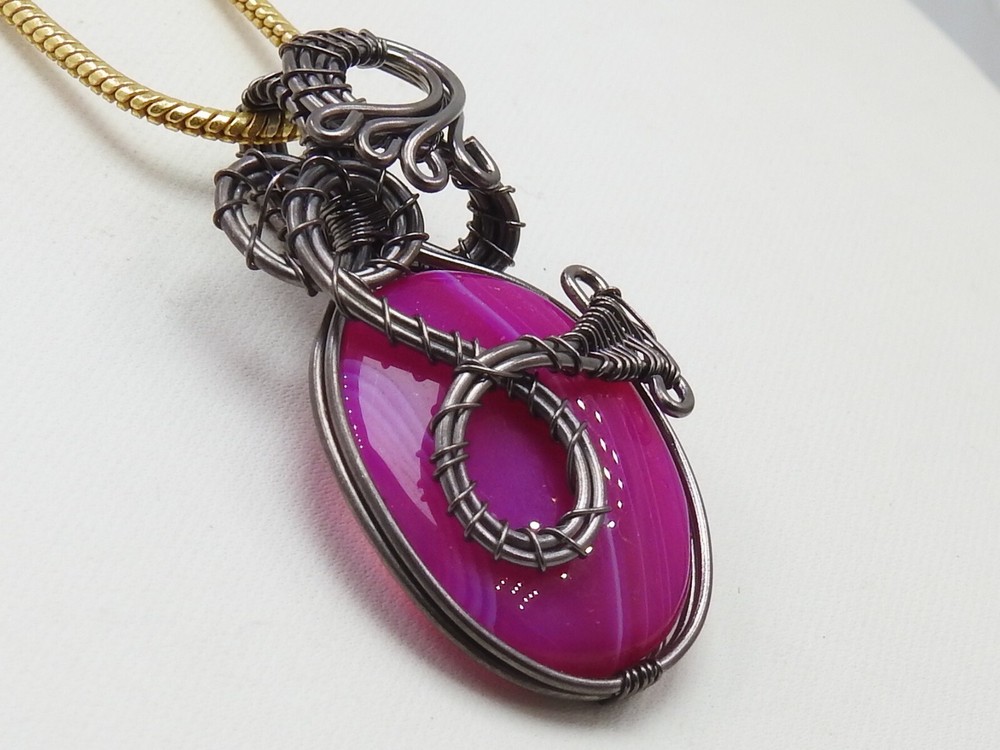 Pink Strip Agate Brass Pendant Silver Oxidised Polished Wire Wrapped Jewelry