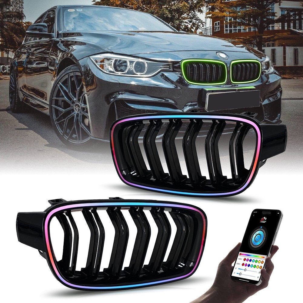 RGB Gloss Black Dual Slat Front Kidney Grille Light For BMW 3 Series F30 2013-18