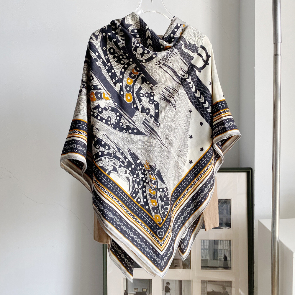 New Spring Boutique Double Sided Silk & Wool Shawl Large Scarf Wrap Printed 53^
