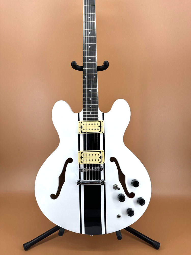 White 335 Style Semi-Hollow Electric Guitar with Dual Humbuckers and Black Fretboard