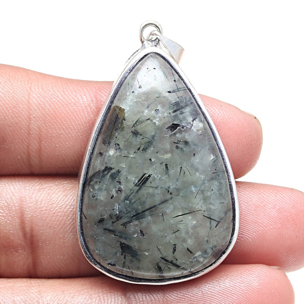 Black Rutile Gemstone Pendant Silver Ethnic Jewelry for Valentine's Day 2 Inch