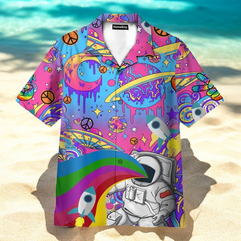 Men’s Colorful Hippie Space Hawaiian Shirt Astronaut Design Summer Style US Size