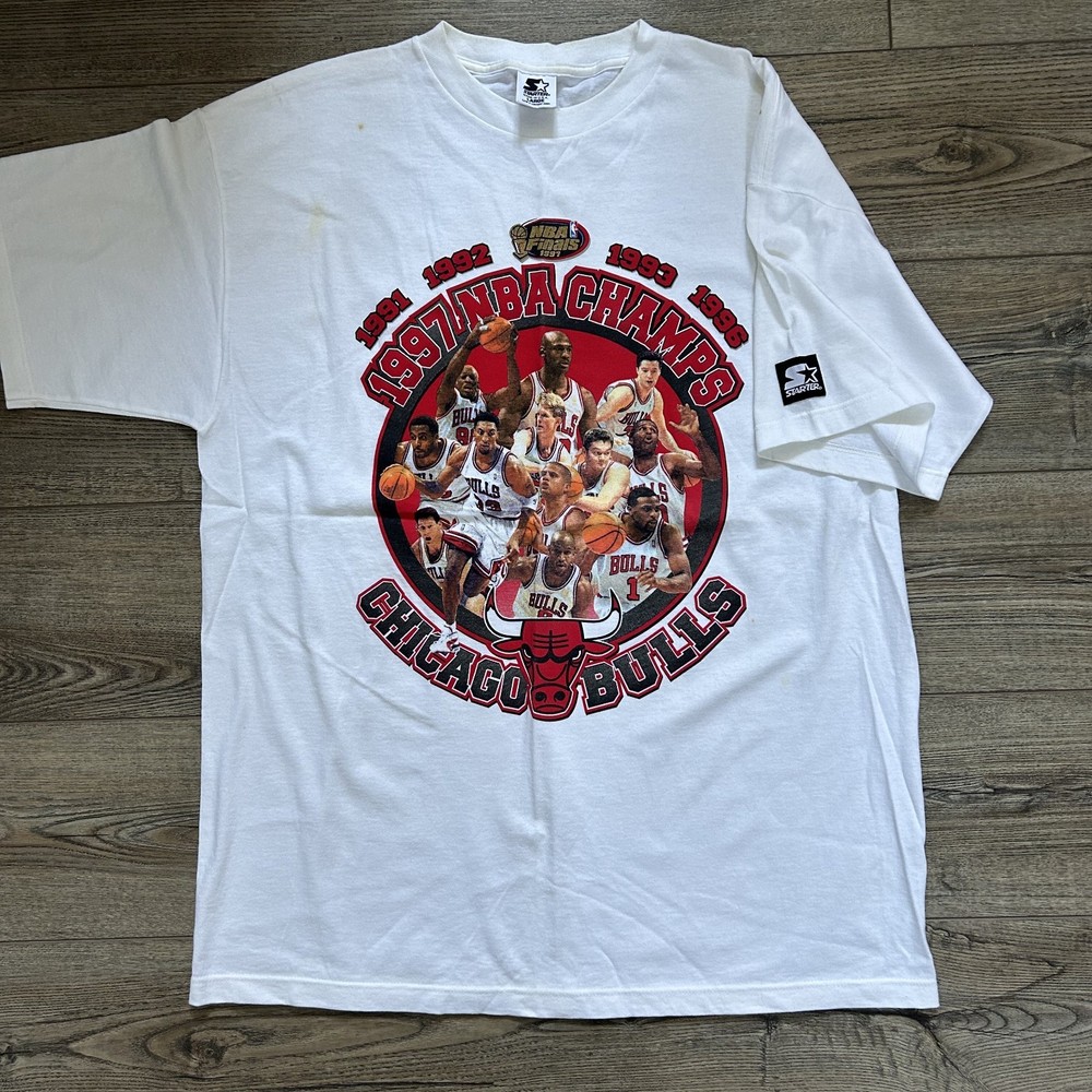 Vintage Chicago Bulls 1997 NBA Finals World Champions STARTER T-Shirt White L