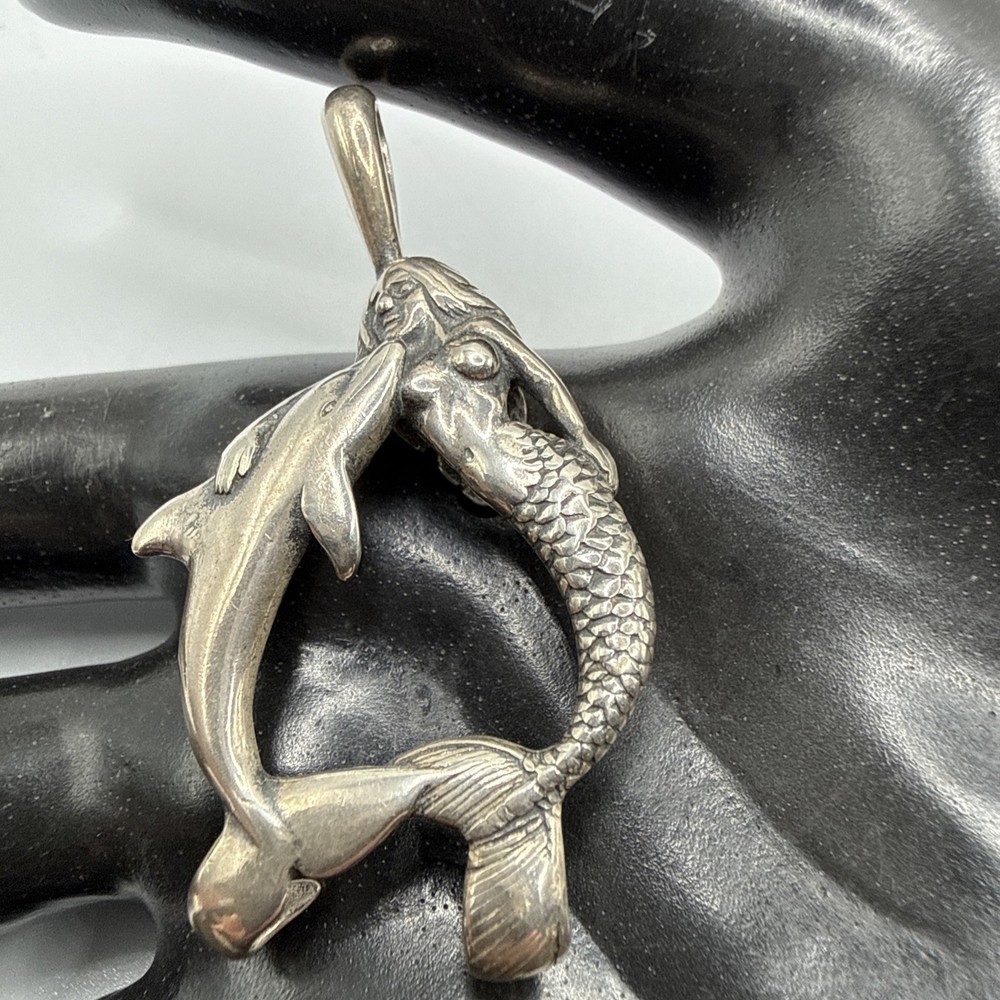 VTG 925 Sterling Mermaid & Dolphin Pendant, Intricate Detail. 7.3 Grams.Markd 93