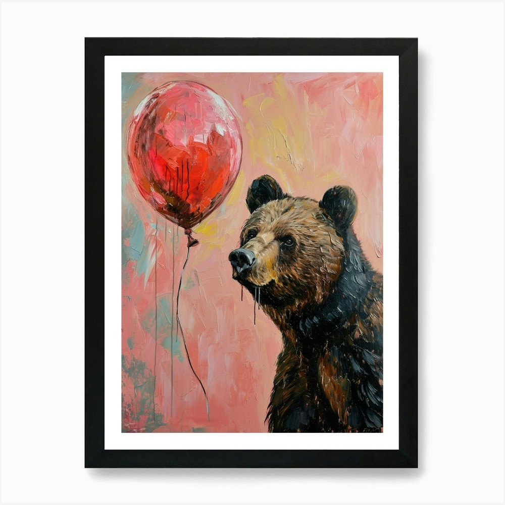 Cute Grizzly Bear with Balloon Framed Wall Art Canvas Print