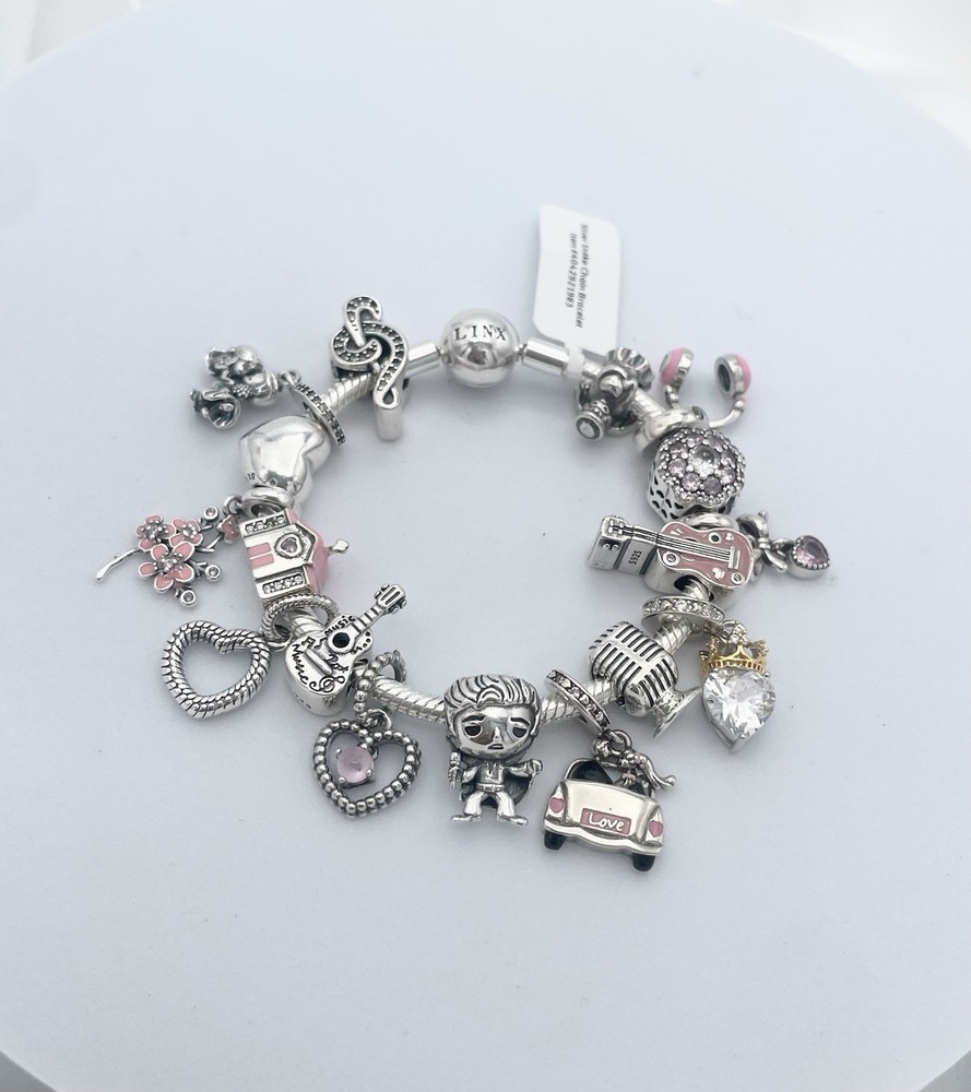 Linx Silver Snake Chain Bracelet with Elvis Presley Themed Charms