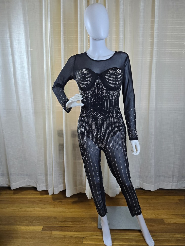 Womens Long sleeve Mesh Rhinestone Bodycon Black Jumpsuit Size XL
