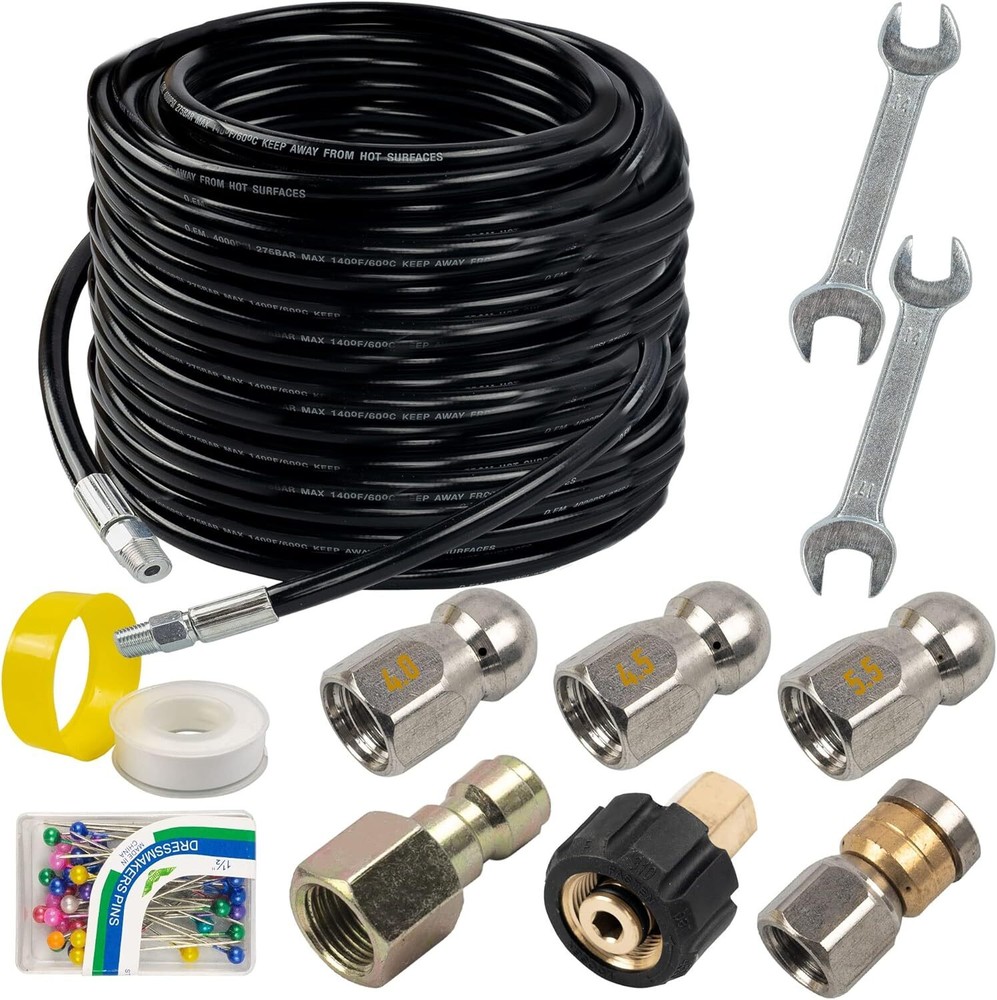 100FT Sewer Jetter Kit for Pressure Washer Drain Cleaner Hose 1/4 Inch NPT...