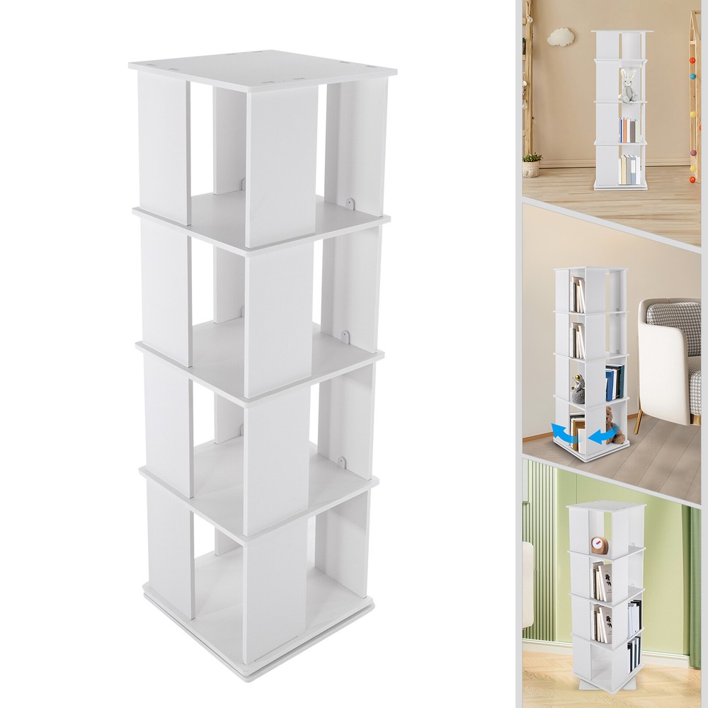 360-Degree Rotating White Bookcase Freestanding Display Shelf Storage Rack