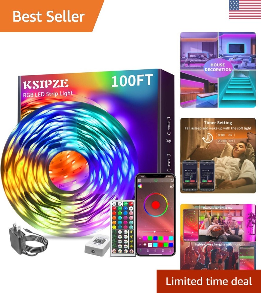 100ft RGB LED Strip Lights with Remote, Music Sync, Color Changing for Home Decor