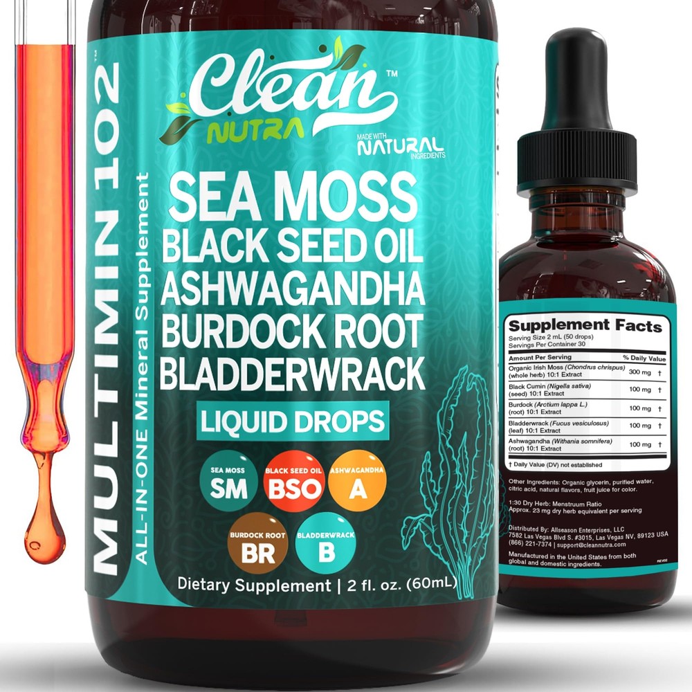 Sea Moss Liquid Drops Supplement with Black Seed Oil Ashwagandha Burdock Root...
